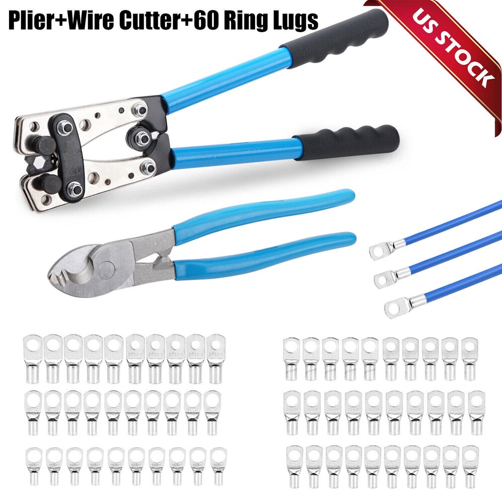 Battery Cable Lug Crimping Tool Wire Crimper 10-0AWG + Wire cutter+60 Ring Lugs