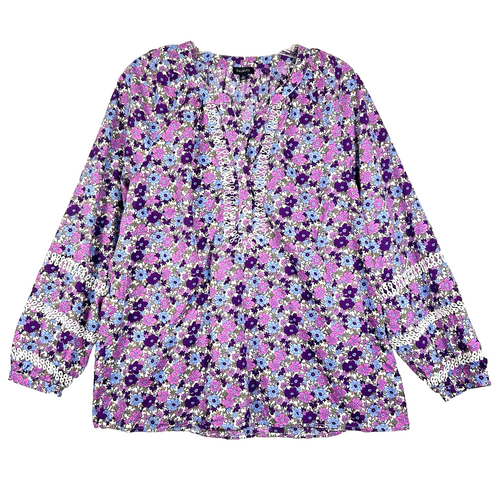 Talbots Medium Tunic Top Embroidered Floral 3/4 Sleeve Purple Blue White Pretty