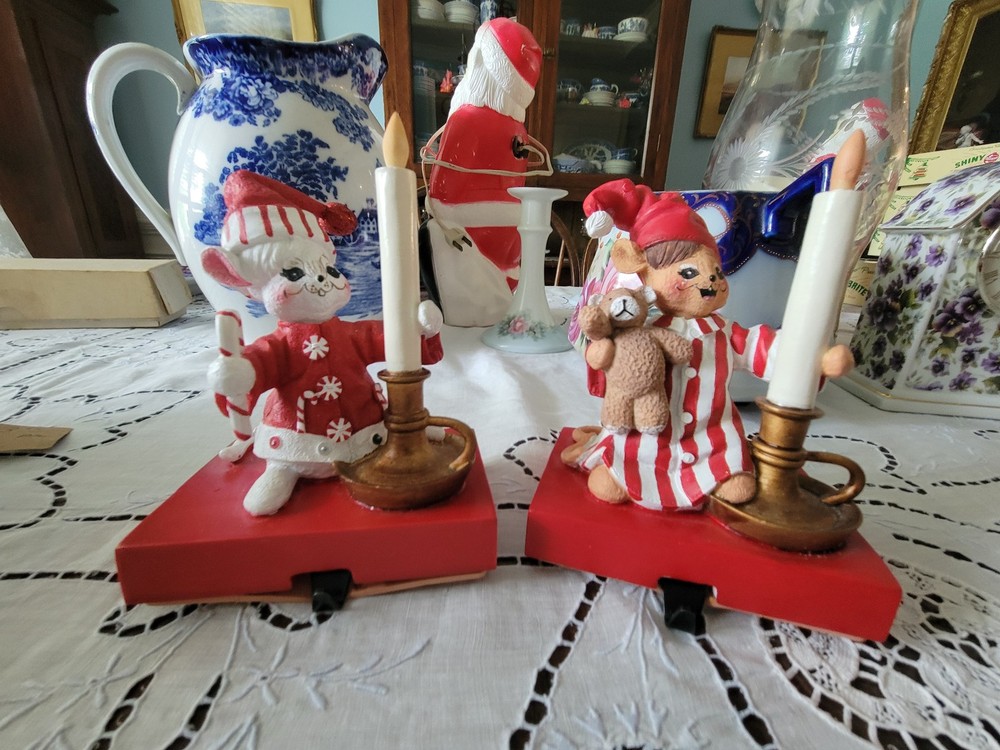 Vintage Christmas Elf Boy Girl Shelf Sitter Figurines Candle Holders Set of 2