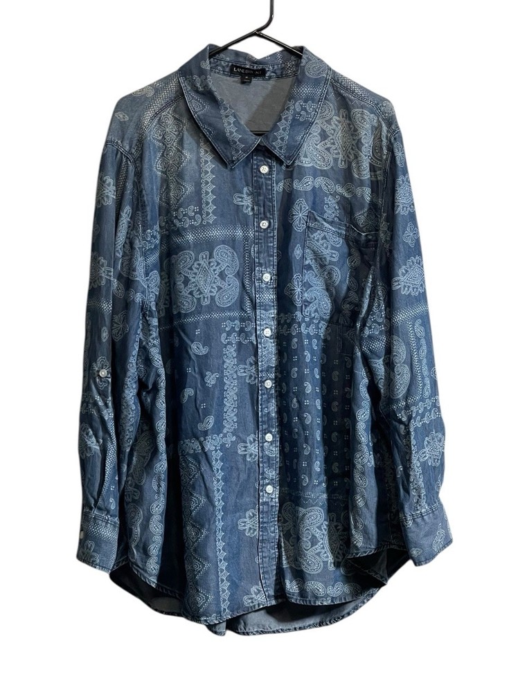 Lane Bryant Top Blue Paisley Chambray Button Shirt Soft Lyocell Western Sz 26
