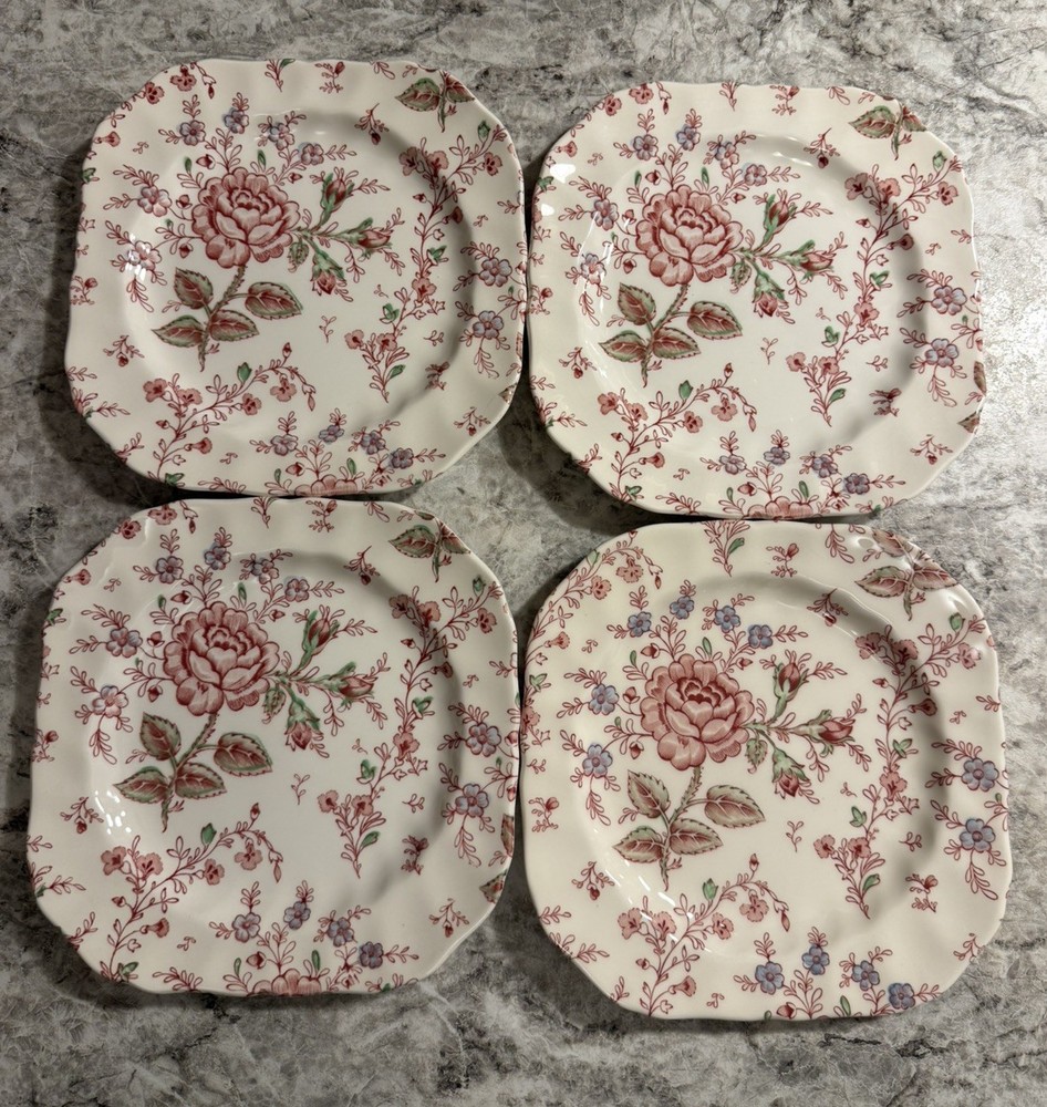 4 Johnson Bros Rose Chintz Square Salad Dessert Plates 7.5”