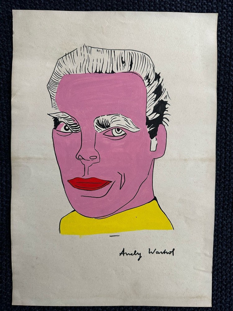 ANDY WARHOL drawing and painting on old paper signed stamped vintage