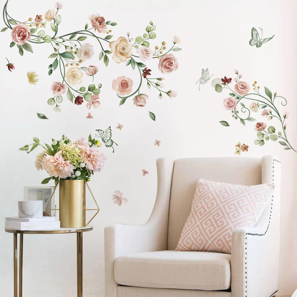 Rose Vine Flower Wall Stickers Watercolor Garden Floral Peel and Stick Wall Art
