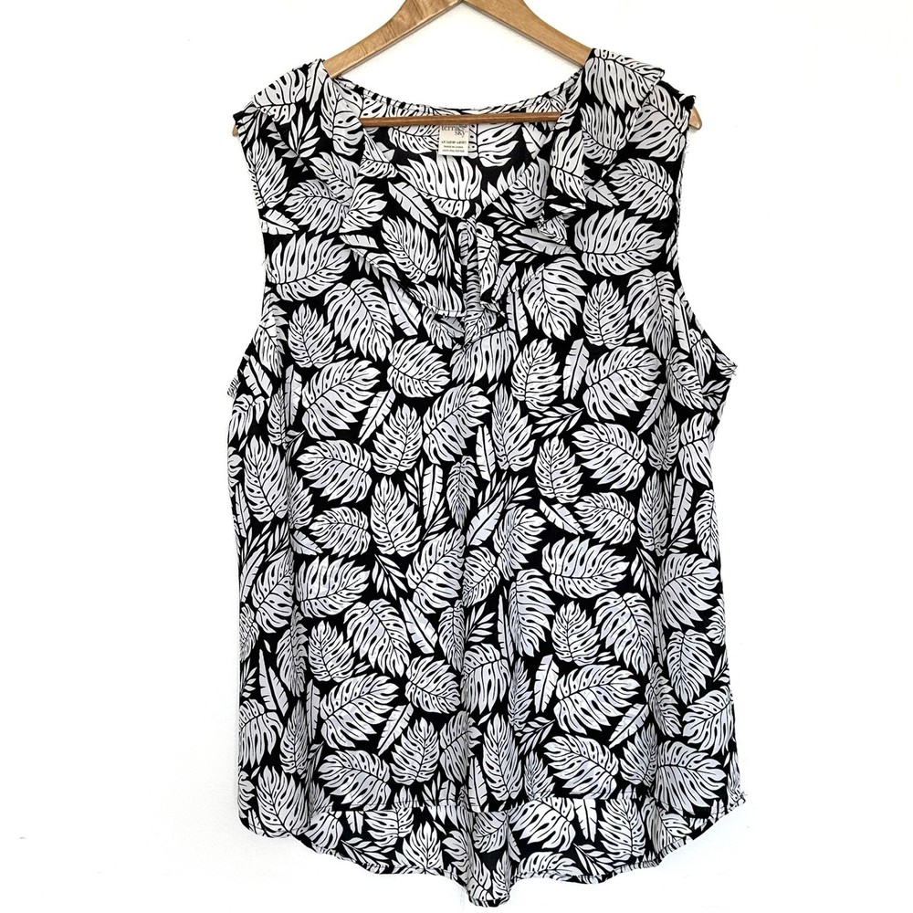 Terra & Sky Plus Shirt Women’s 1X Black White Leaves Ruffle Sleeveless Top