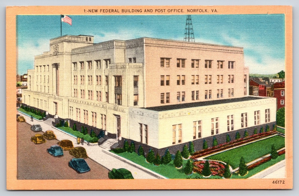 Norfolk Virginia~Federal Building & Post Office~Vintage Linen Postcard