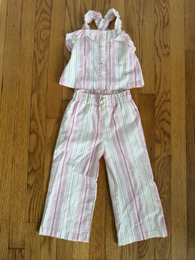 Btween Girls 3T Pink White Striped 2 Piece Outfit Set Ruffle Top Pants Summer