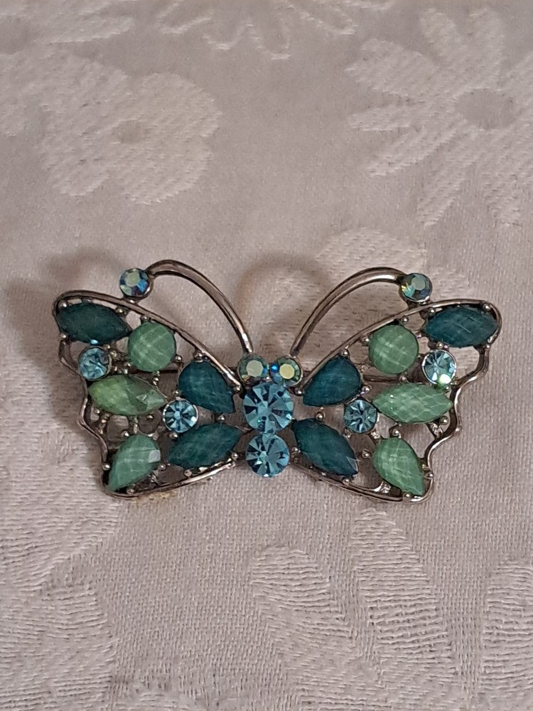 Vintage Silver Tone Butterfly Blue Green  Rhinestones Brooch Pin