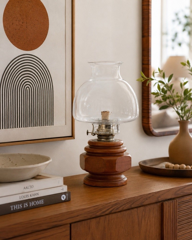 Vintage Mid Century Modern Oil Lamp  Wooden Base Hurricane Lamp
