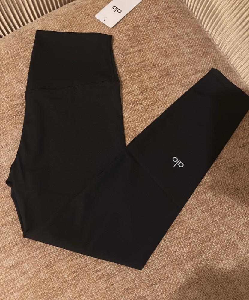alo Black High Rise Ankle Leggings Women M Stretch Solid Logo Knit