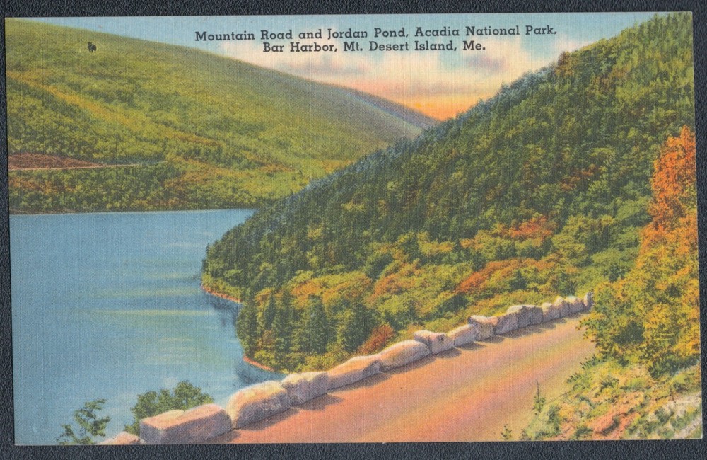 Postcard Acadia National Park Maine Mountain Road & Jordan Pond Bar Harbor Maine-image