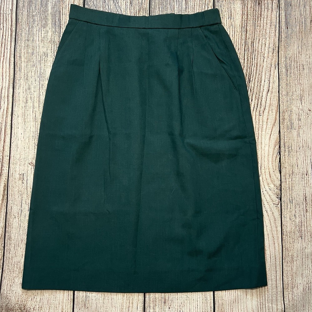 Vintage 80s Prestige Green Pleated Wool Blend Midi Skirt Womens Size 10 Pockets