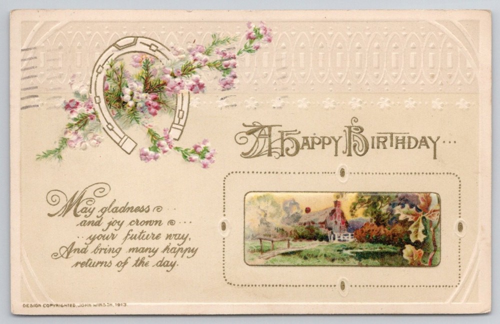 1914 John Winsch Embossed Birthday Postcard - Horseshoe & Heather - Newark NJ