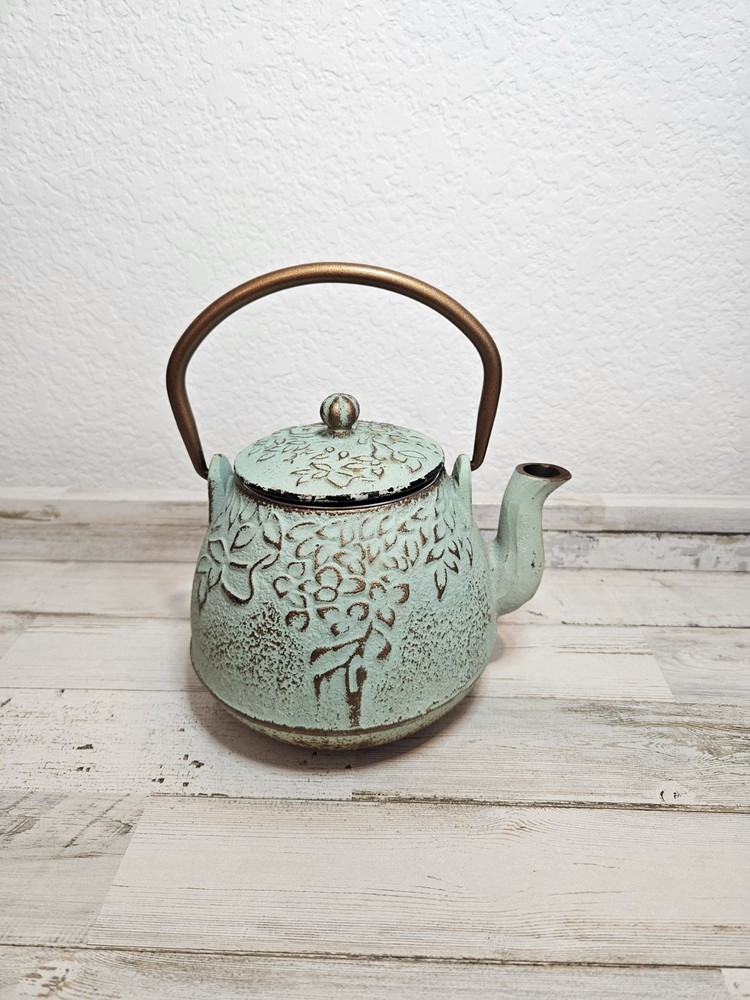 Cast Iron Teapot Mint Green With Infuser Enamel Interior