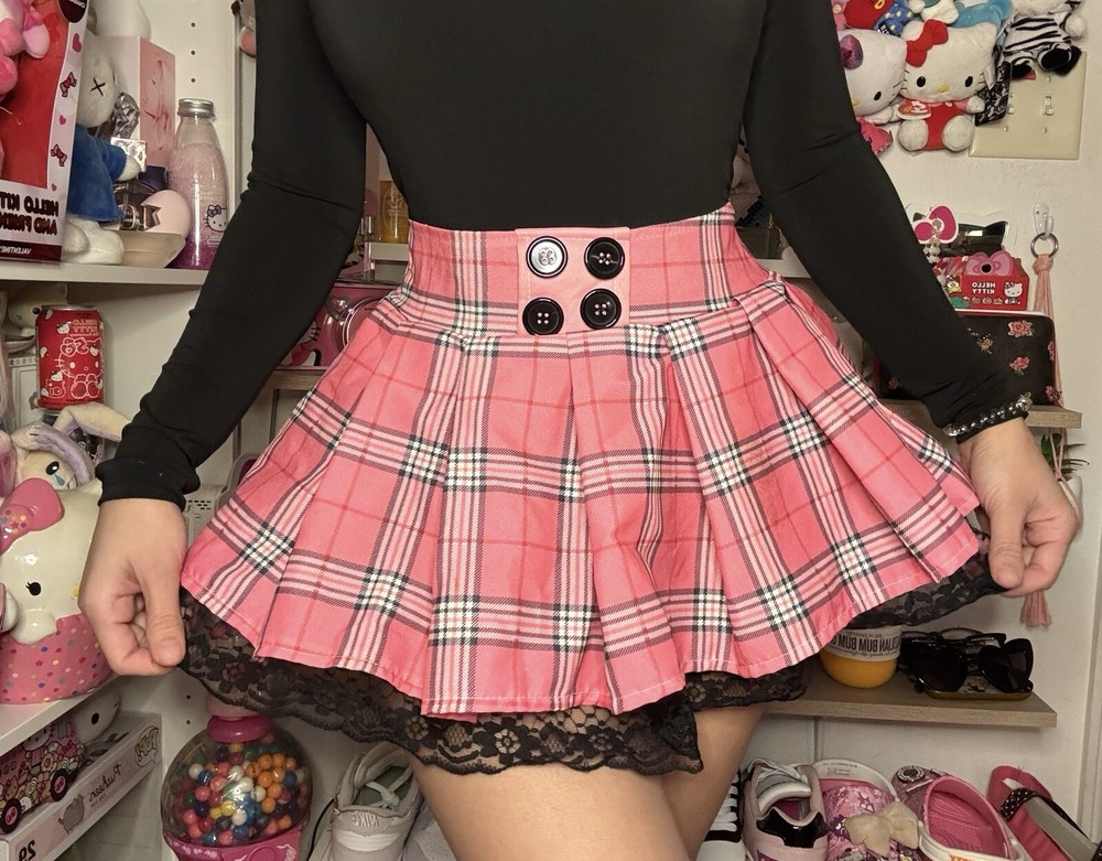 Shein Pink Plaid Pleated Skirt with Lace Trim in XS