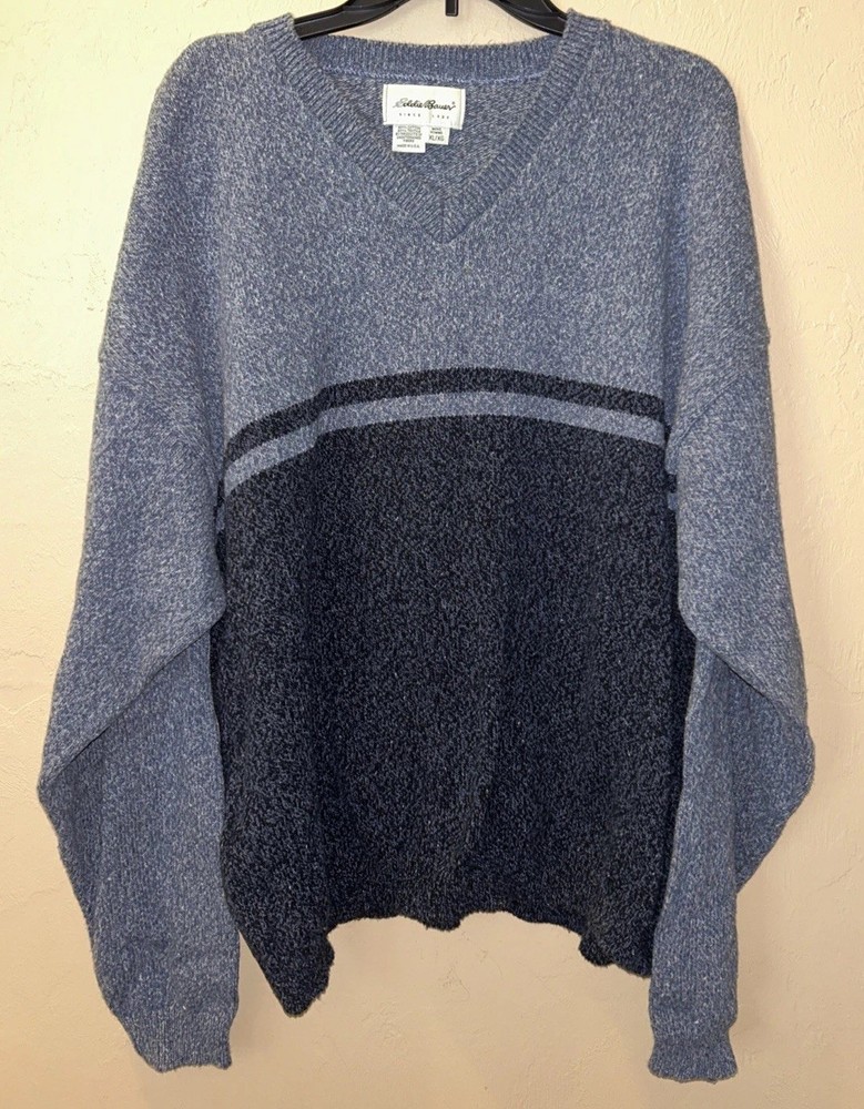 Vintage Eddie Bauer V neck Cotton Knit Sweater Mens XL Made in USA