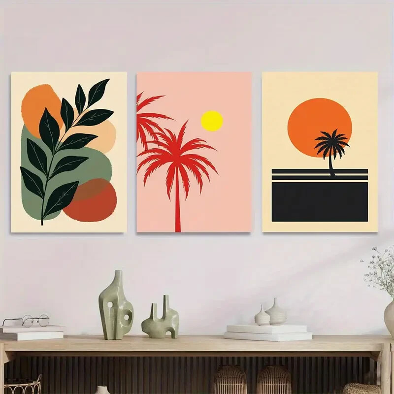 3pcs Tropical Palm Tree Metal Print Art - Modern Minimalist Wall Decor Ready to Hang