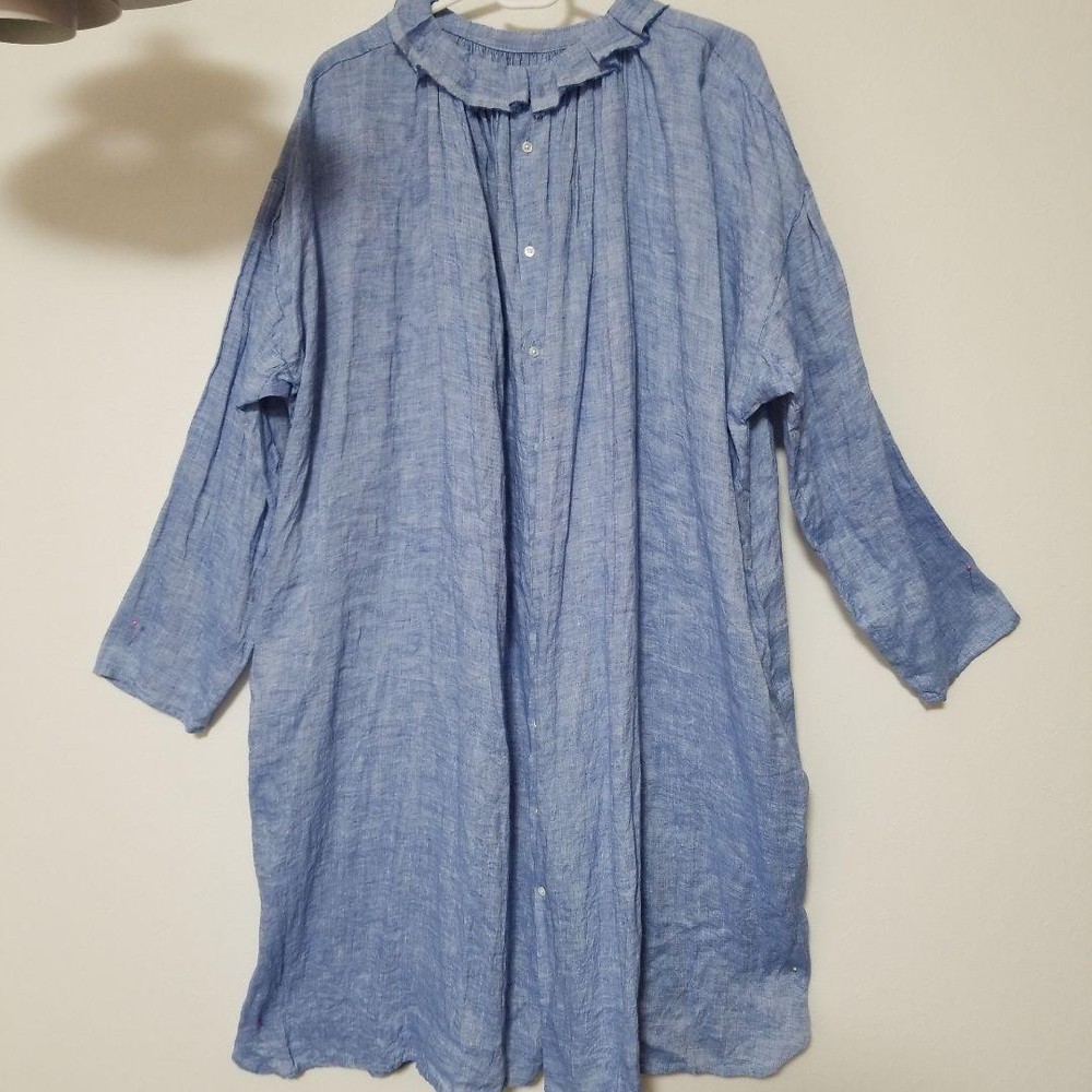 Veritecoeur Tuck Frilled Dungaree Dress Light Blue Linen Size M New