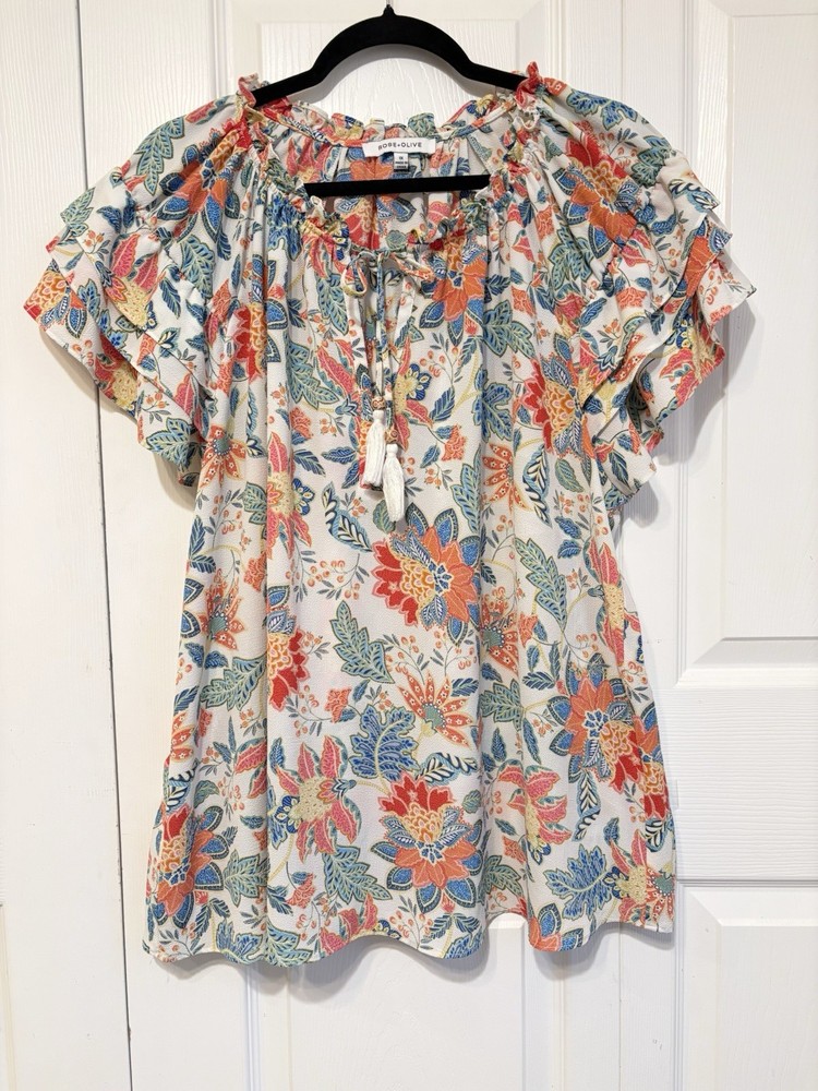 Rose & Olive Colorful Floral Cottagecore Ruffle Boho Spring Summer Top Plus 1X