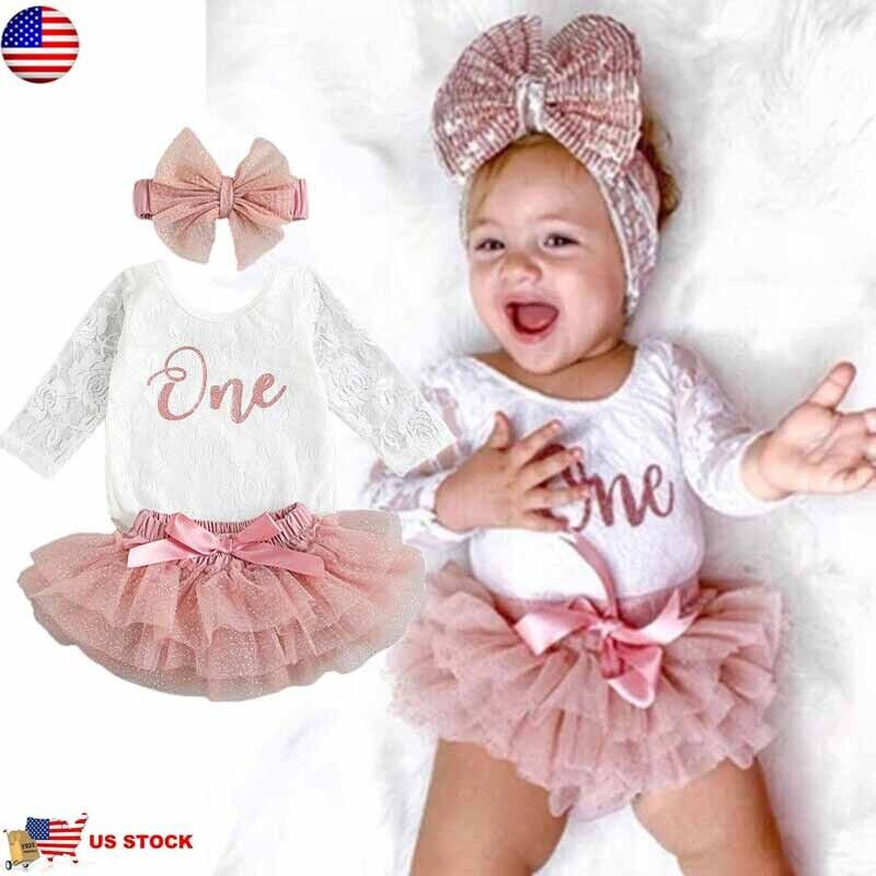 Infant Baby Girl 1st Birthday Outfit Lace Romper Bodysuit Cake Smash Tutu Skirts