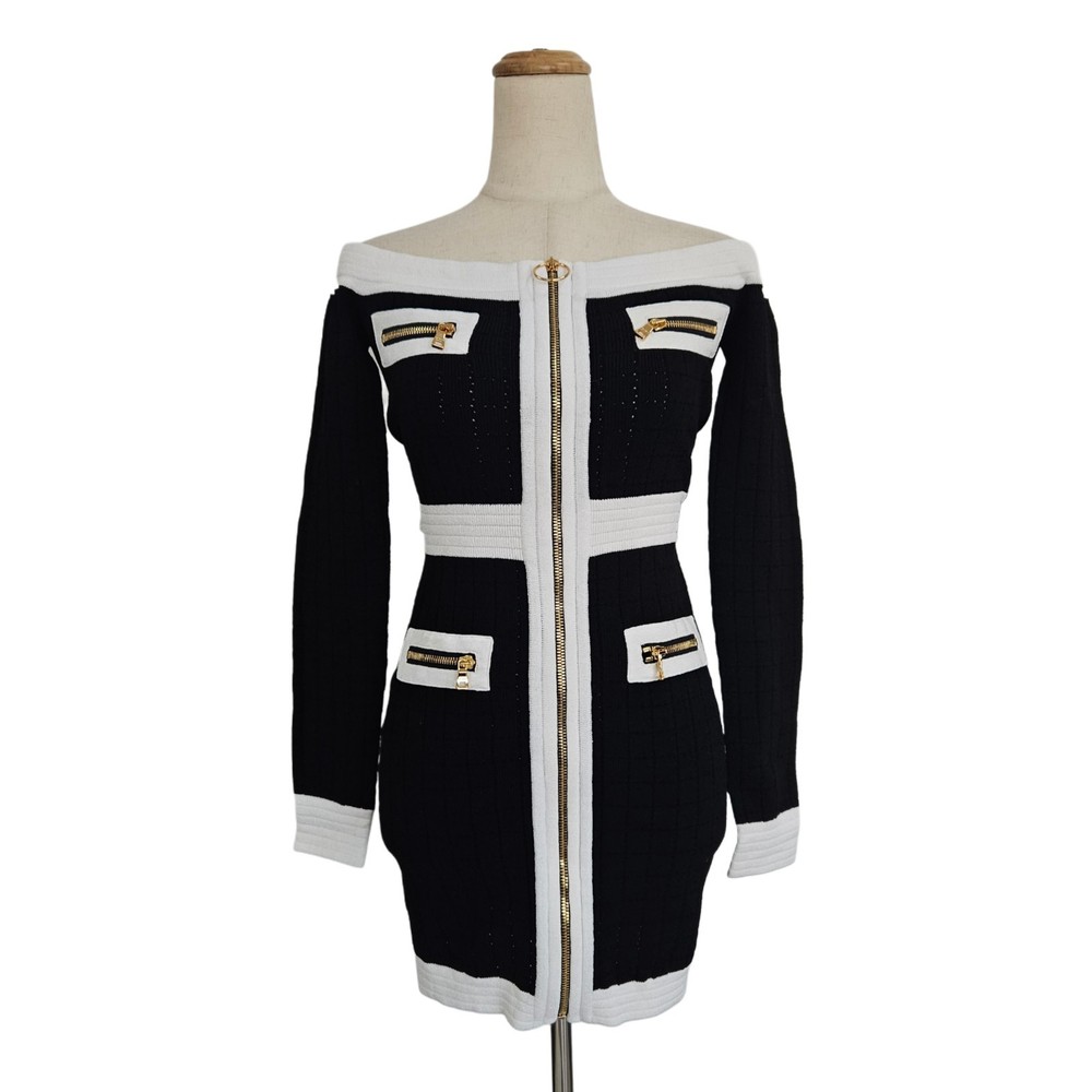 Balmain Black and White Off Shoulder Knit Mini Dress