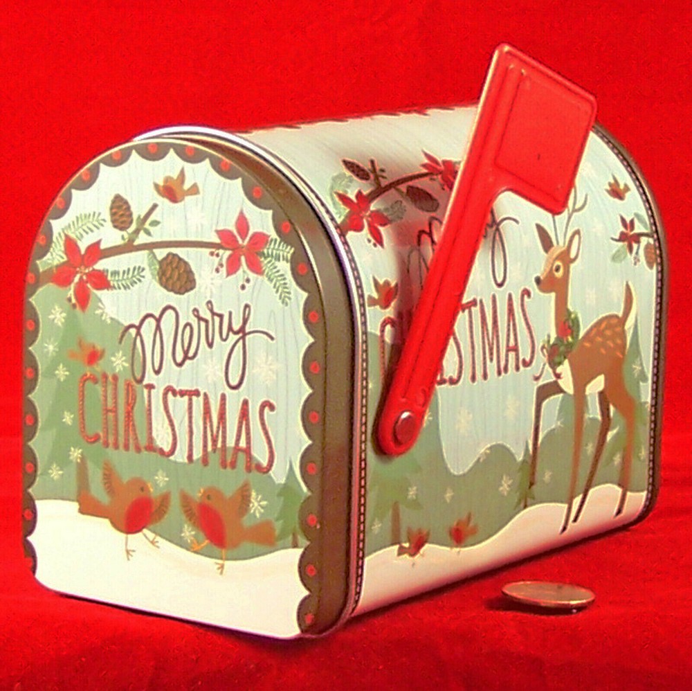 Tin Mailbox Shape Robin & Reindeer Holiday Empty Cookie Box Metal Can Container