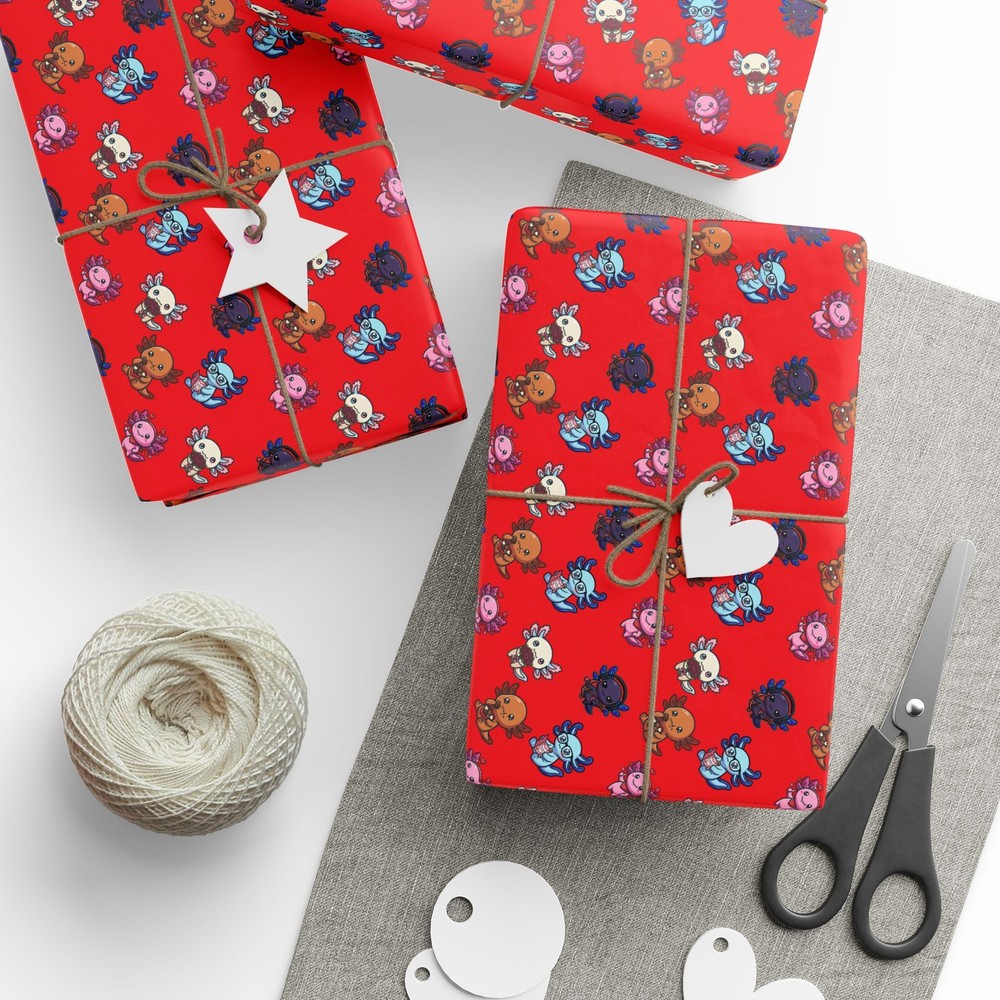 Axolotl Chibi Valentine's Day Wrapping Paper Roll — Glossy Gift Wrap
