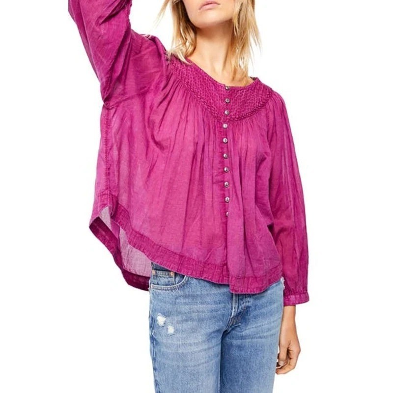 Free People Cool Meadow Cotton Peasant Blouse Pink XL Preppy Lightweight Top