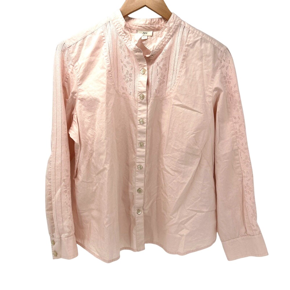 J Jill Blouse Womens Petite Large Lp Pink Button Up Lace Detail Long Sleeves