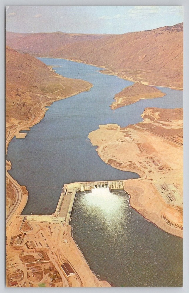 Rocky Reach Dam & Lake Entiat, Washington Aerial View Postcard 1960s