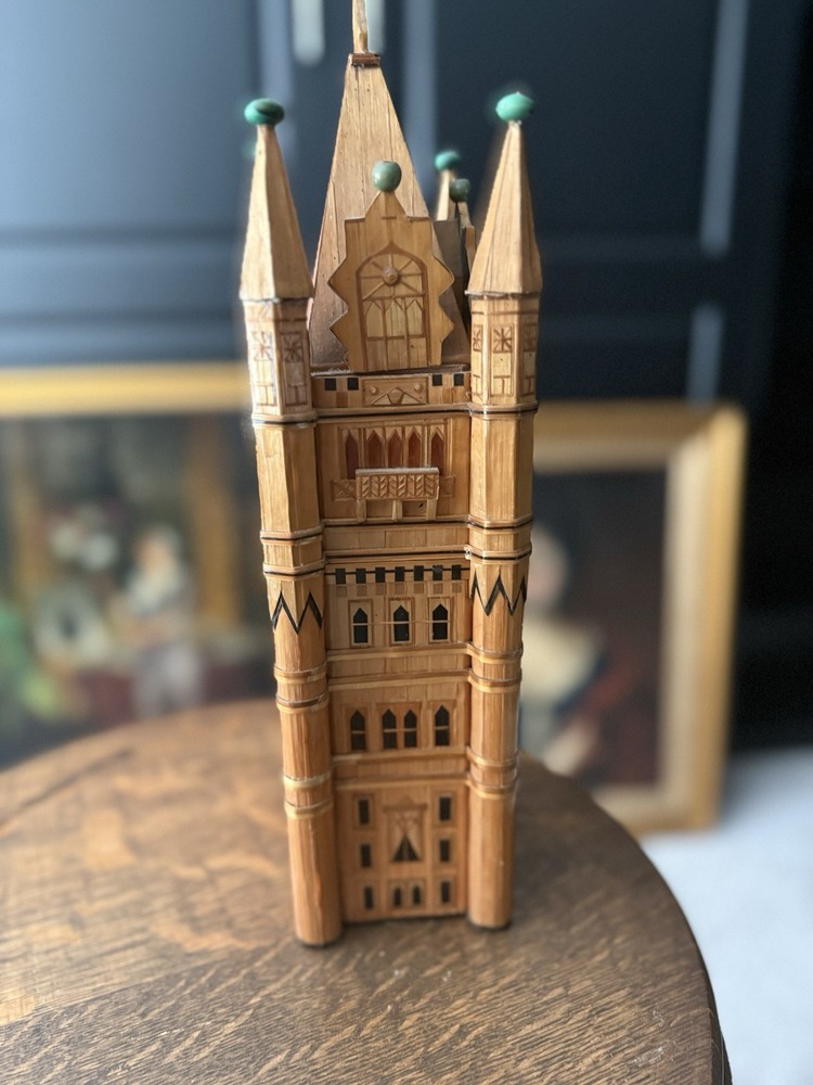 19th C French Straw Marquetry Château Box Architectural Model 4 Turrets