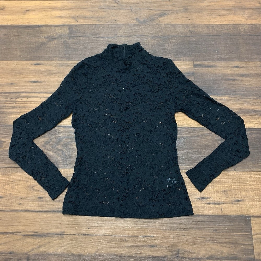 H&M Black Lace Long Sleeve Top Blouse Size XS High Neck