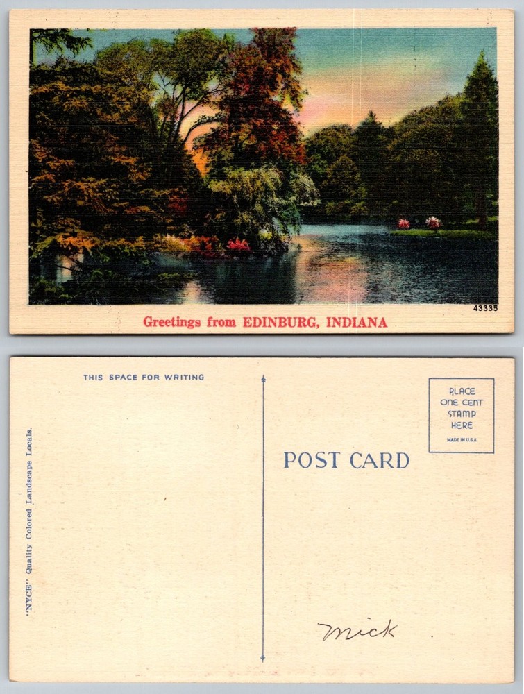 Greetings from Edinburg Indiana Scenic Lake Linen Postcard NYCE 1930s-1940s