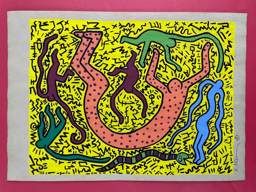 Keith Haring Drawing on paper (Handmade) signed and stamped