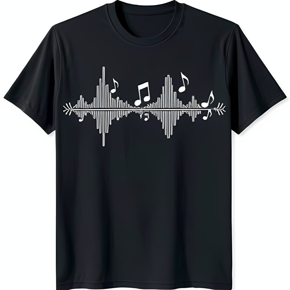 Stylish Black T-Shirt with Unique White Sound Waves and Musical Notes Design