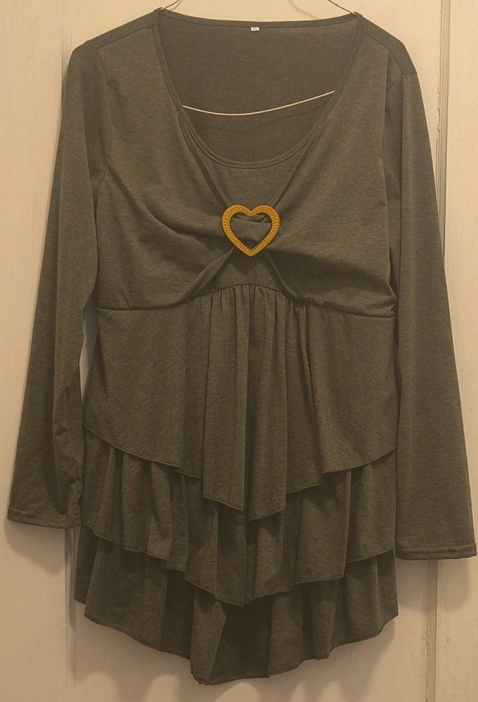 Gray Solid Knit Tunic Top Scoop Neck Long Sleeve Heart Accent Pullover XXL