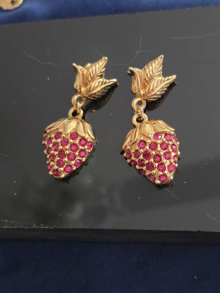 Vintage AVON Earrings Holiday Gold Tone Red Rhinestone Strawberry Stud Dangles