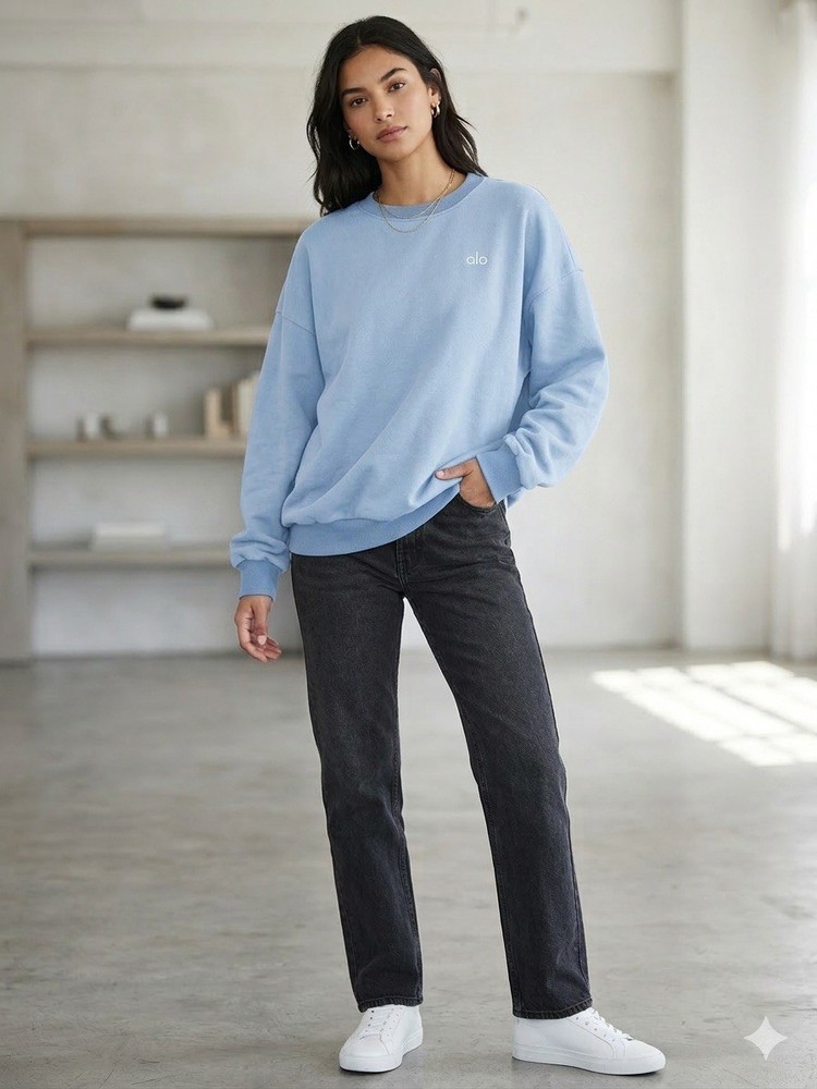 Alo Yoga Accolade Crew Neck Pullover Baby Blue Unisex L Oversized