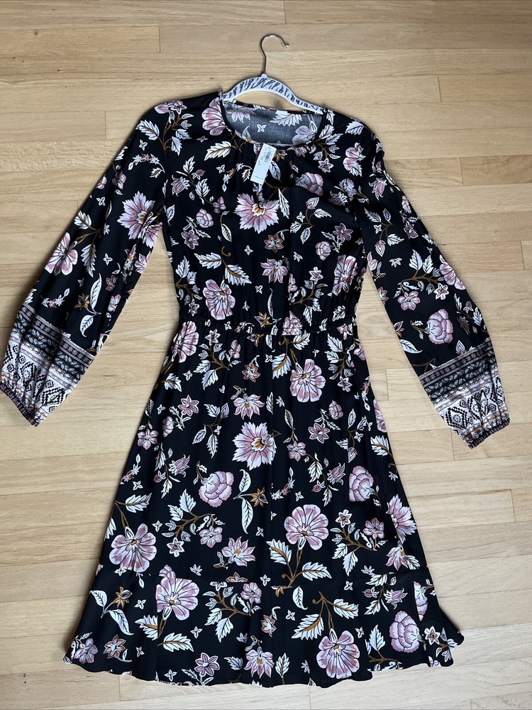 ** Old Navy Size Small Tall~ Black Floral Waisted Keyhole Dress NWT!