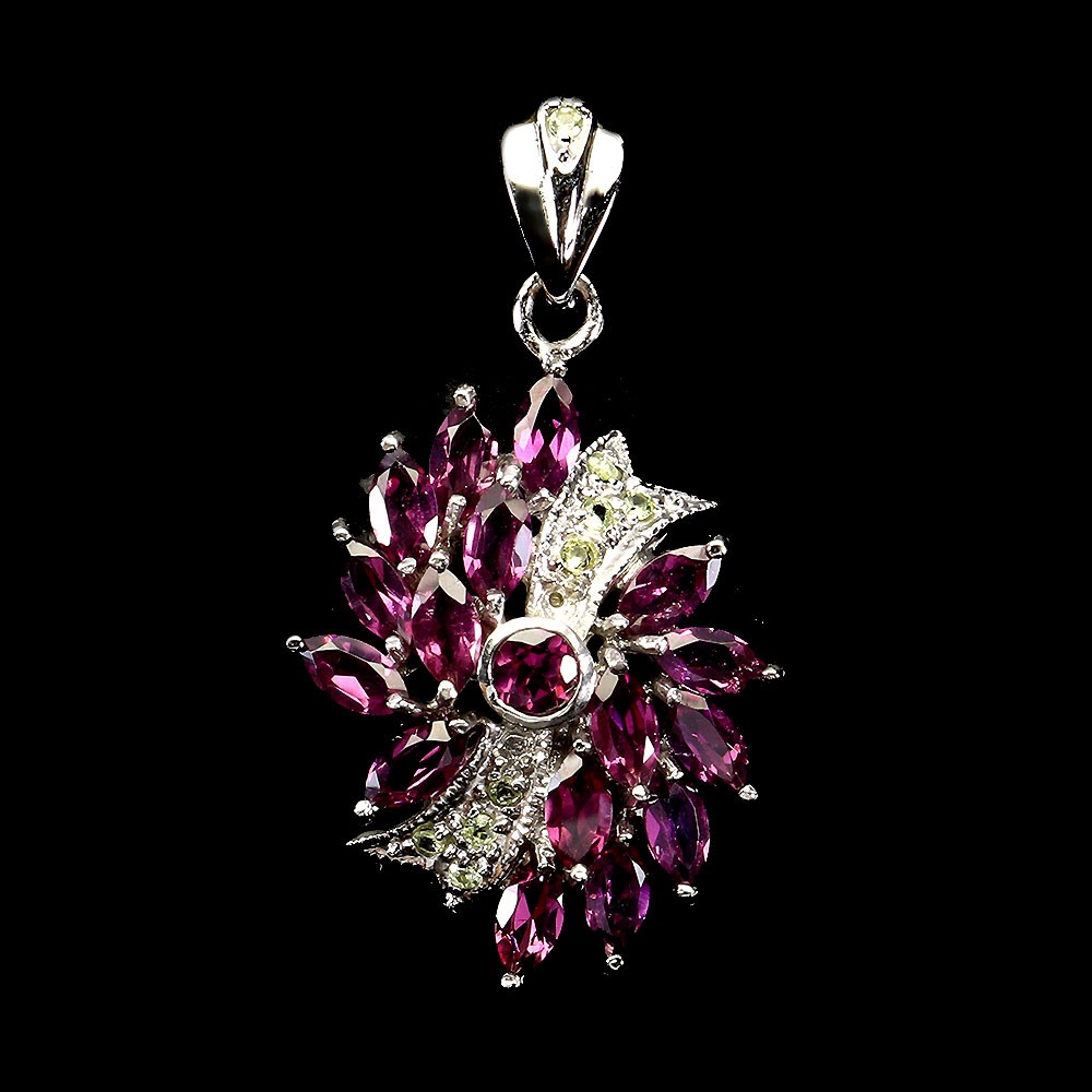 925 Sterling Silver Marquise Pendant with Rhodolite Peridot Amethyst Gems