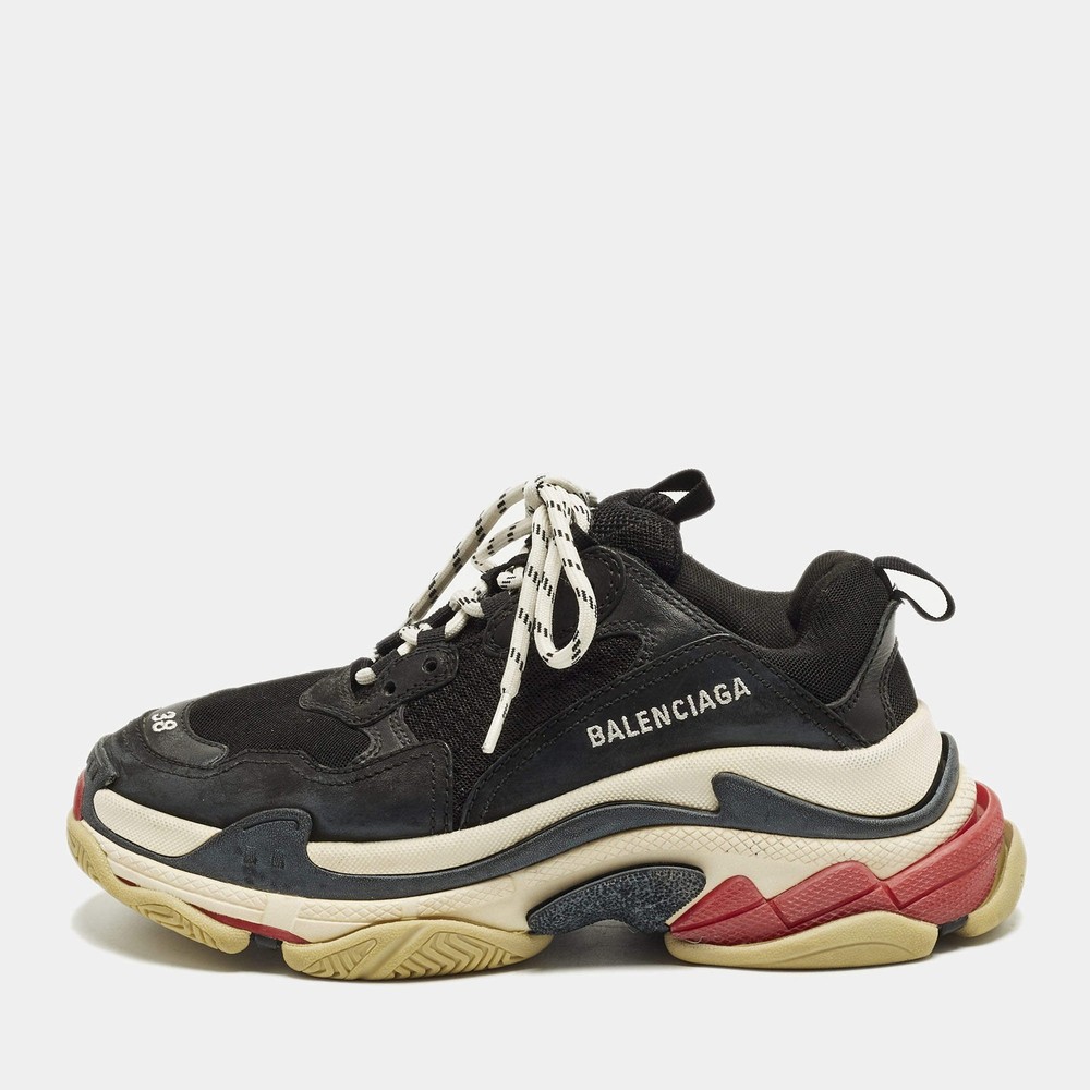 Balenciaga Triple S Size 38 Black Mesh and Nubuck Leather Low Top Sneakers