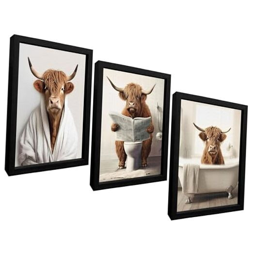 Funny Highland Cow Canvas Wall Art Farmhouse Highland Cattle in The Toilet