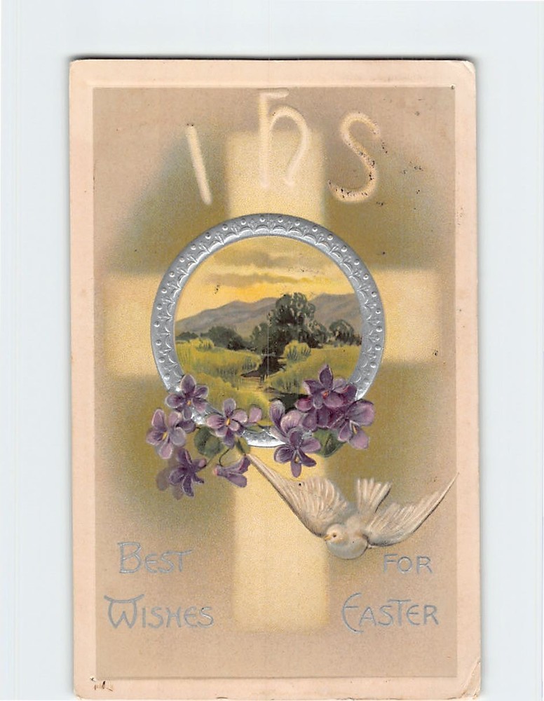 Postcard Embossed Bird and Cross Art Print Easter Holiday Greeting Card