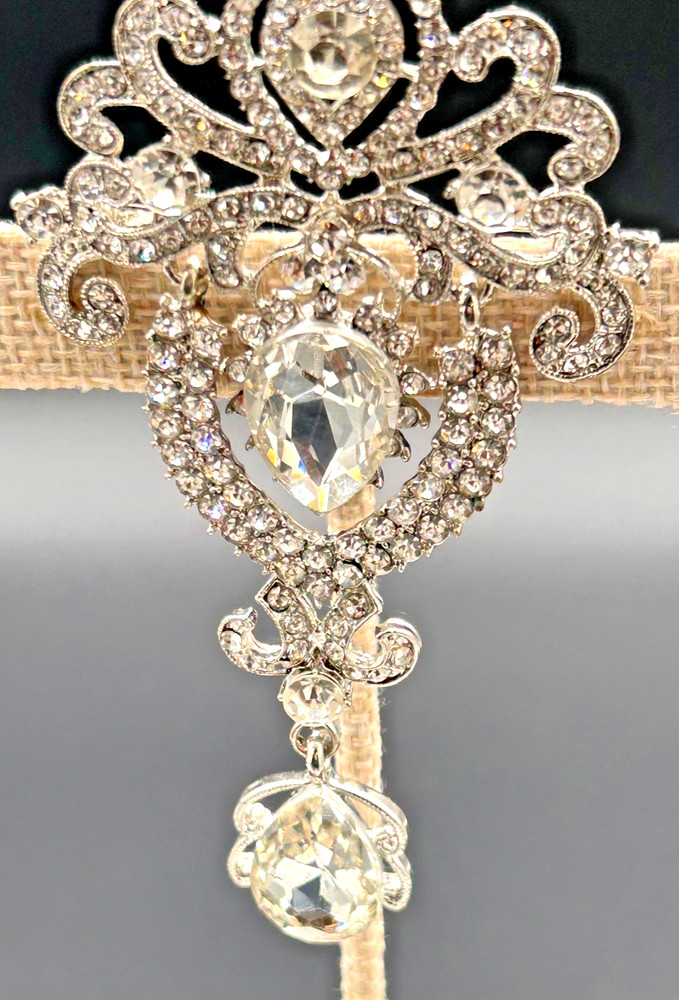 Vintage Silver Tone Clear Rhinestone Dangle Brooch Statement Bridal Wedding Pin