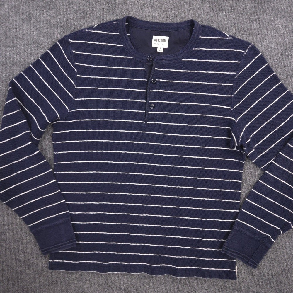Todd Snyder Henley Shirt Mens Medium Navy White Striped Waffle Knit Long Sleeve