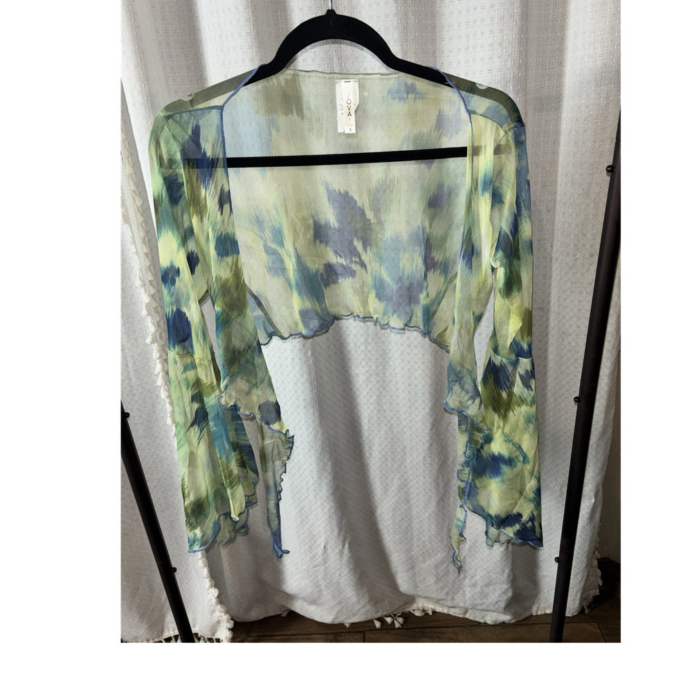 JOVA Sheer Chiffon Bell Sleeve Tie Front Abstract Multicolor Women's Blouse S