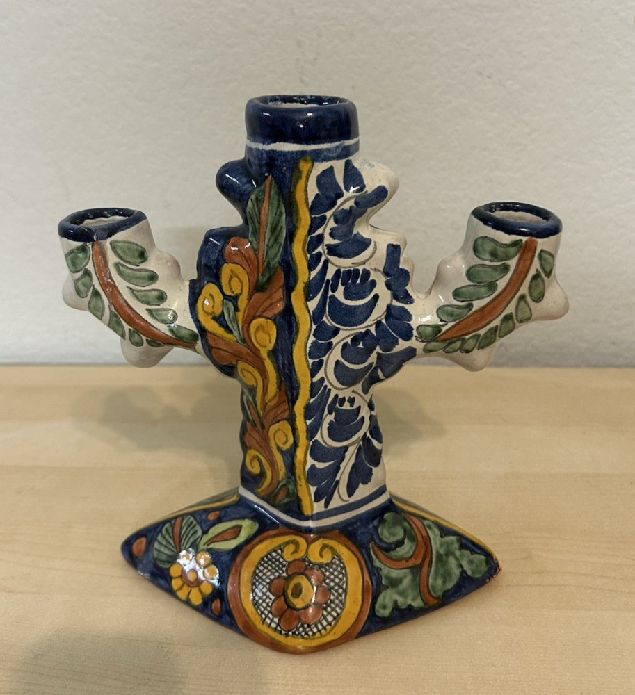 Terracotta candle holder candelabra Mexico colorful ceramic tonala