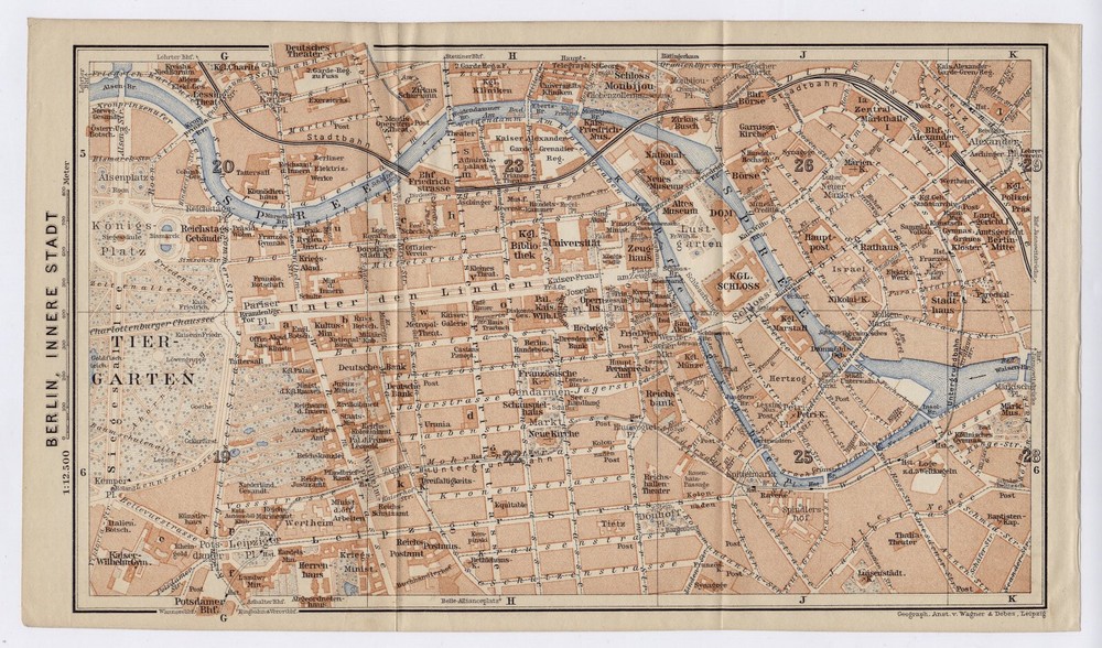 1914 Original Antique Map Of Berlin Center Downtown / Brandenburg / Germany