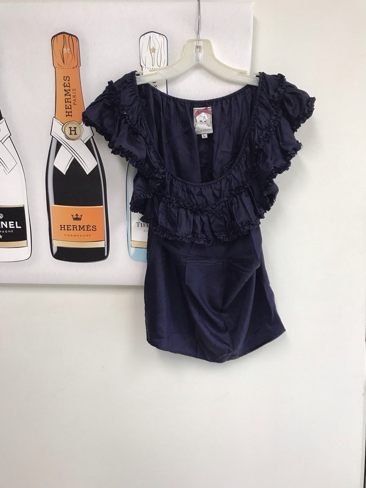 Yoana Baraschi Navy Ruffle Scoop Neck Short Sleeve Women's Blouse Size L