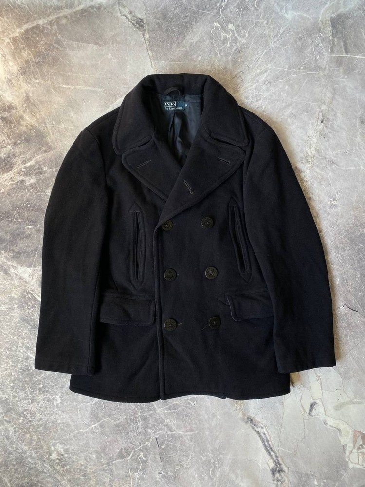 Polo Ralph Lauren Wool  Double Breasted NAVY Pea Coat Jacket Vintage
