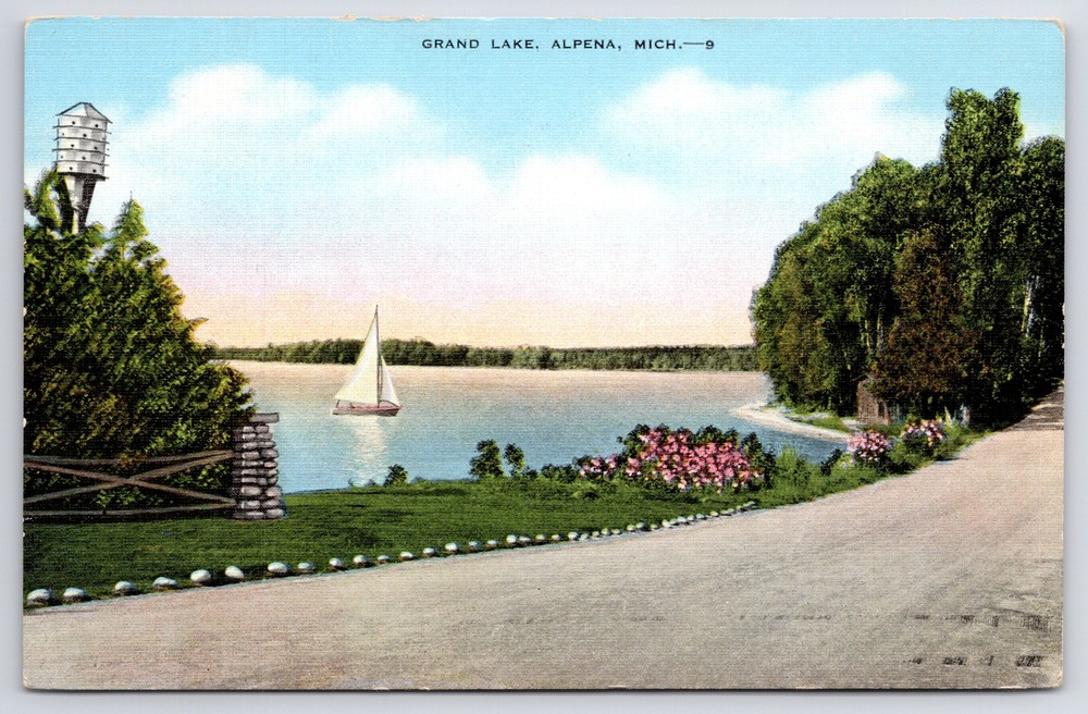 Alpena Michigan~Sailboat On Grand Lake~Bird House~Vintage Linen Postcard